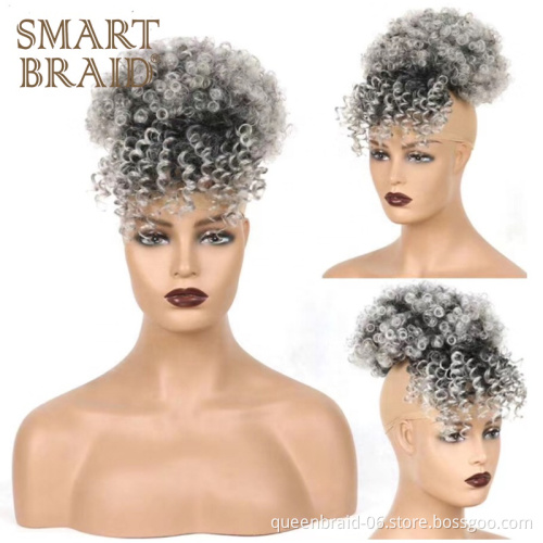 Afro Puff Drawstring Ponytail Bun with Bangs Short Afro Kinky Curly Hairpieces Clips in Pineapple Updo Hair Extensions for Women